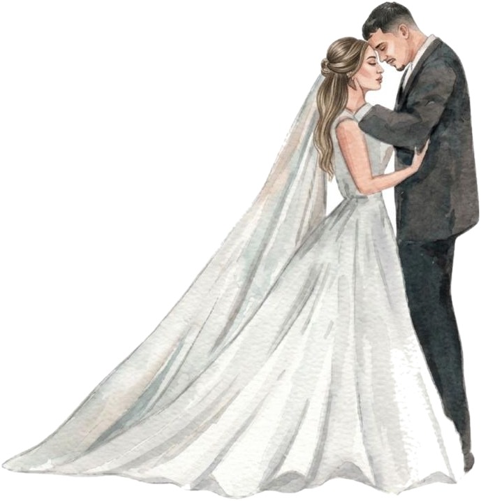 Ilustração em aquarela de Gabriel e Letícia abraçados